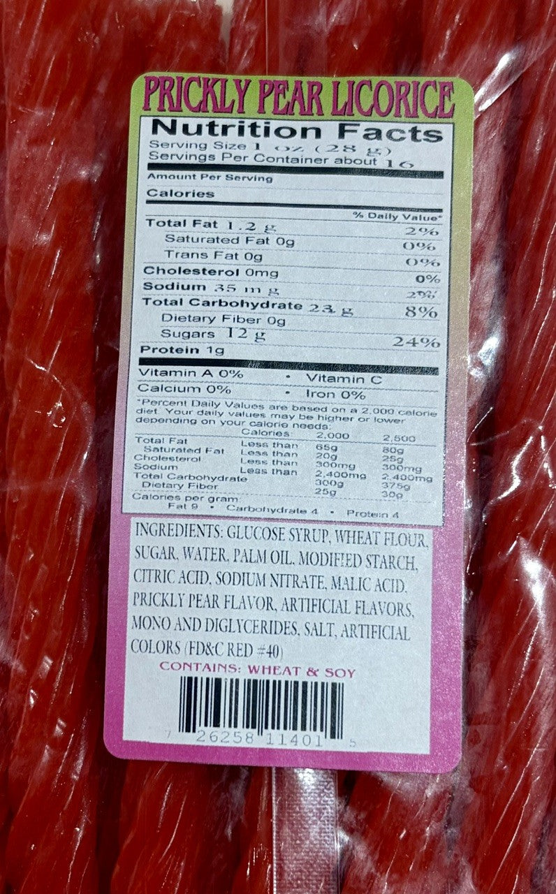 A close-up of a packaged food product showing a large Nutrition Facts label on red licorice sticks. The label has a yellow header reading 'PRICKLY PEAR LICORICE' and contains nutrition information, ingredients, and a barcode.