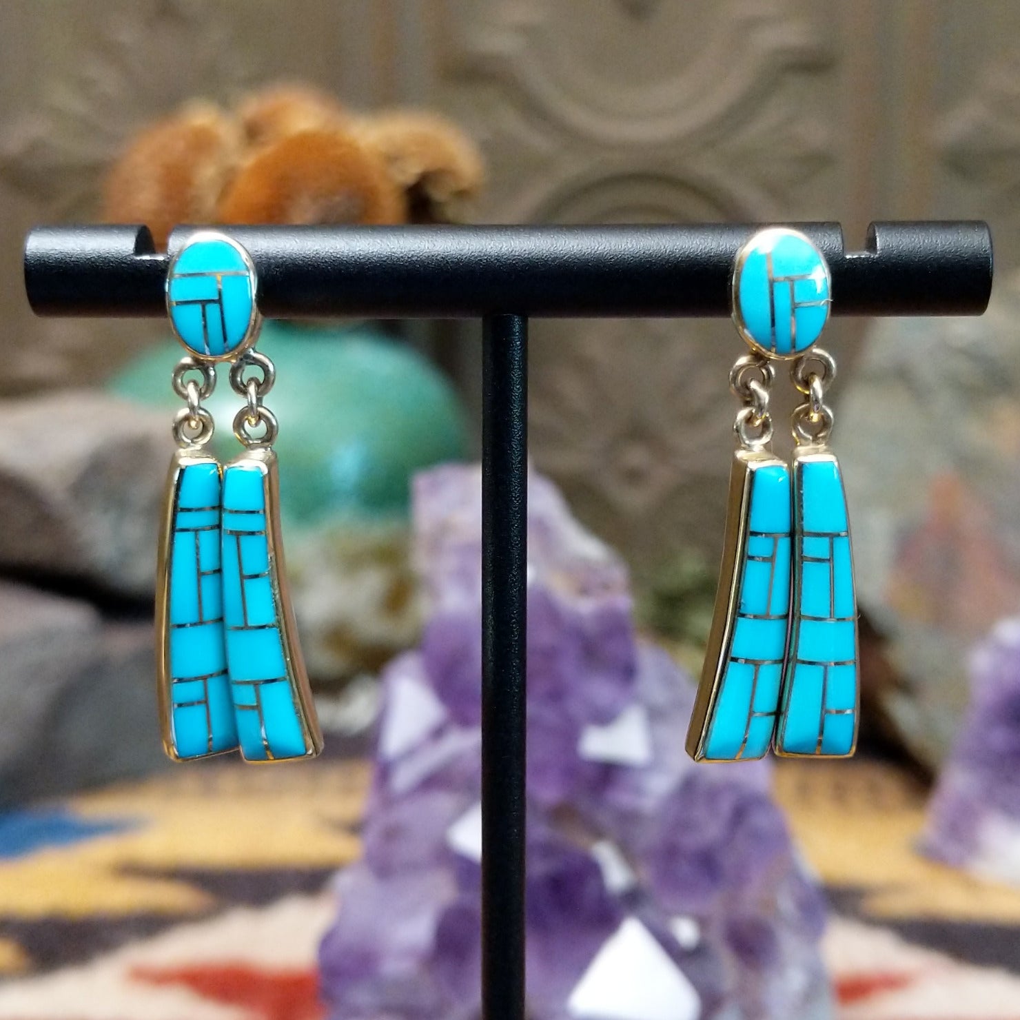 14k gold dangle earrings by Tom Billy with turquoise inlay and dual tapered drops.
