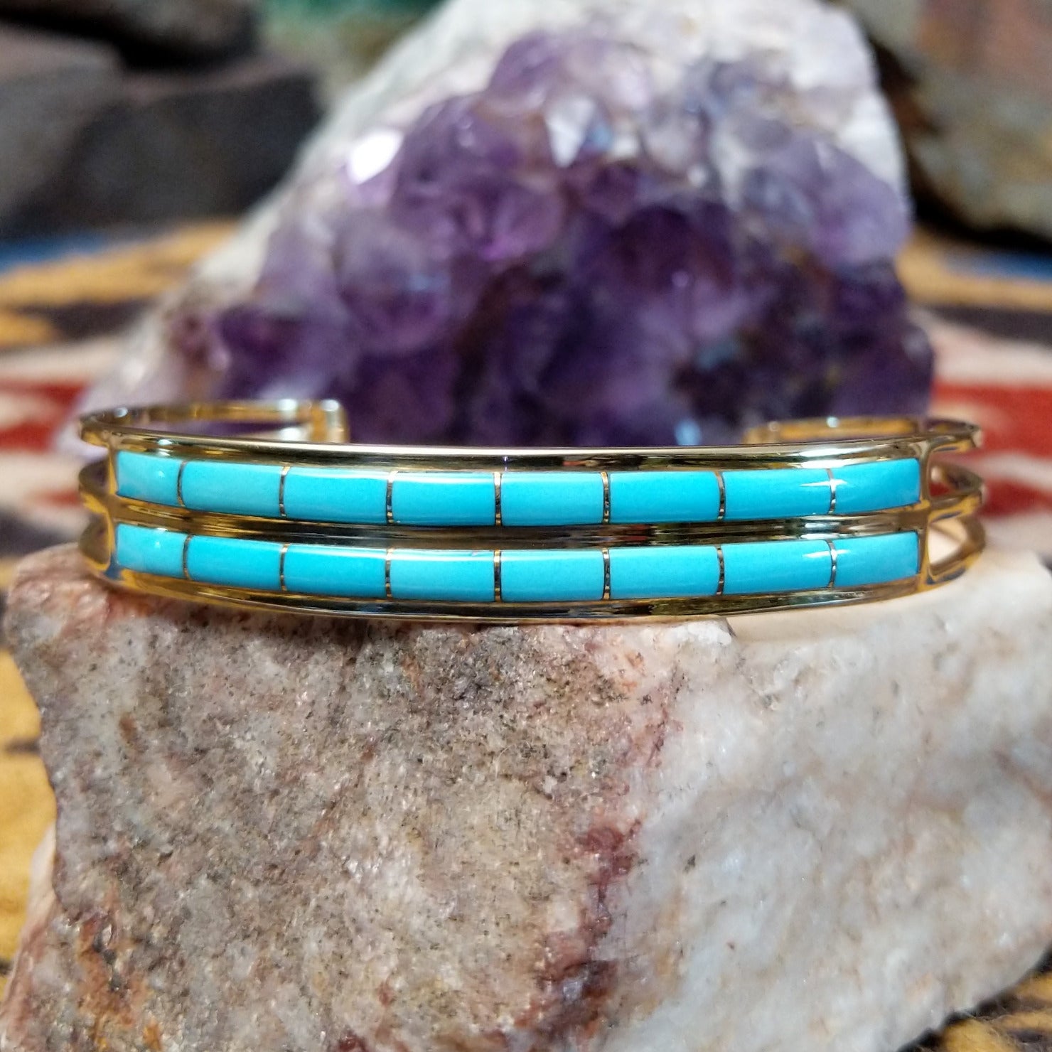 14k gold cuff by Steve Francisco with double row turquoise inlay.