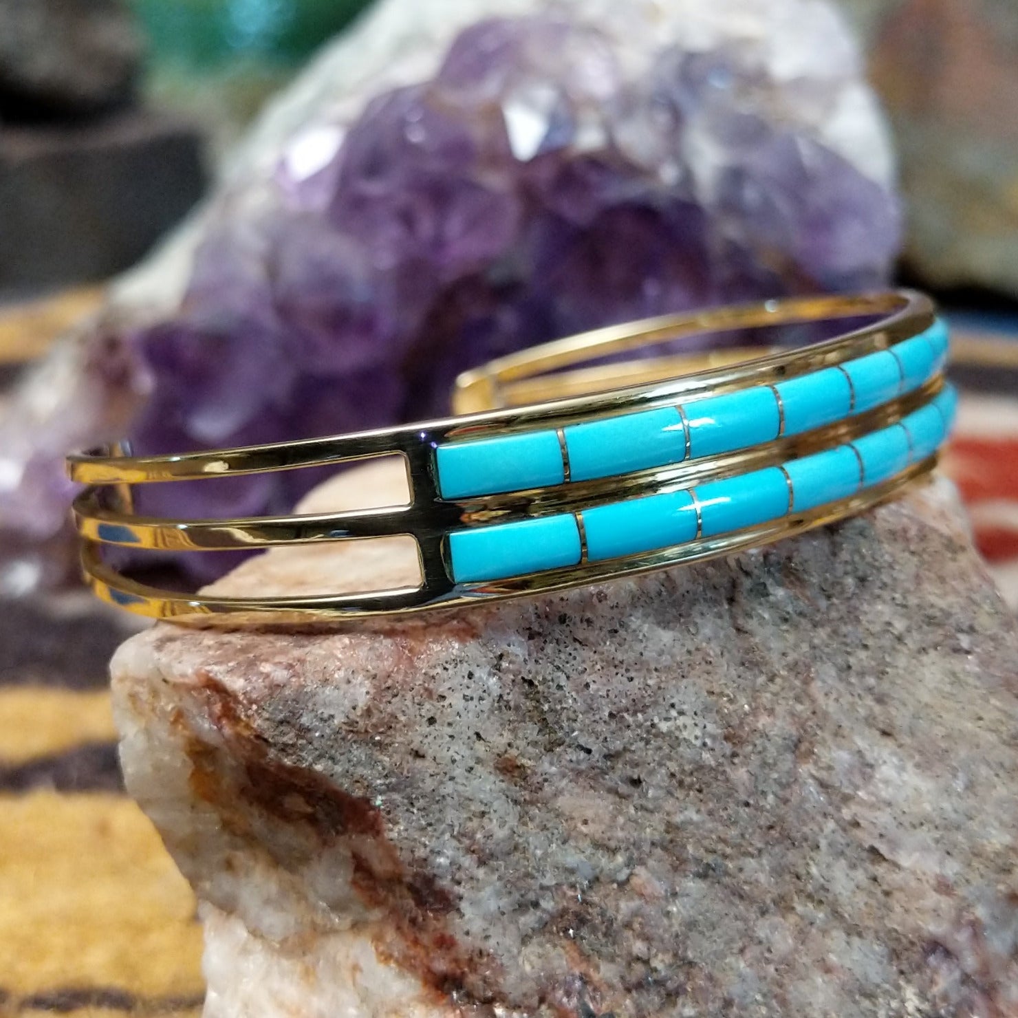 14k gold cuff by Steve Francisco with double row turquoise inlay.