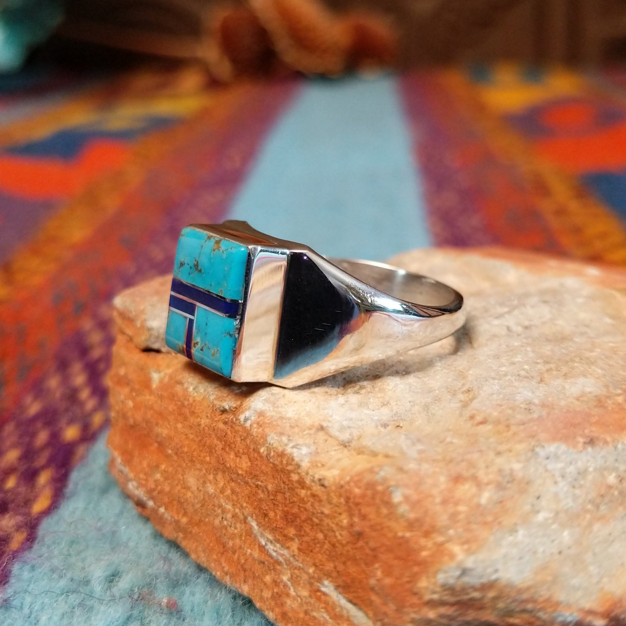 Turquoise & Lapis Inlay Ring by Wilbert Grey with geometric inlay and polished silver band.