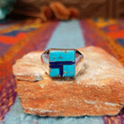 Turquoise & Lapis Inlay Ring by Wilbert Grey with geometric inlay and polished silver band.