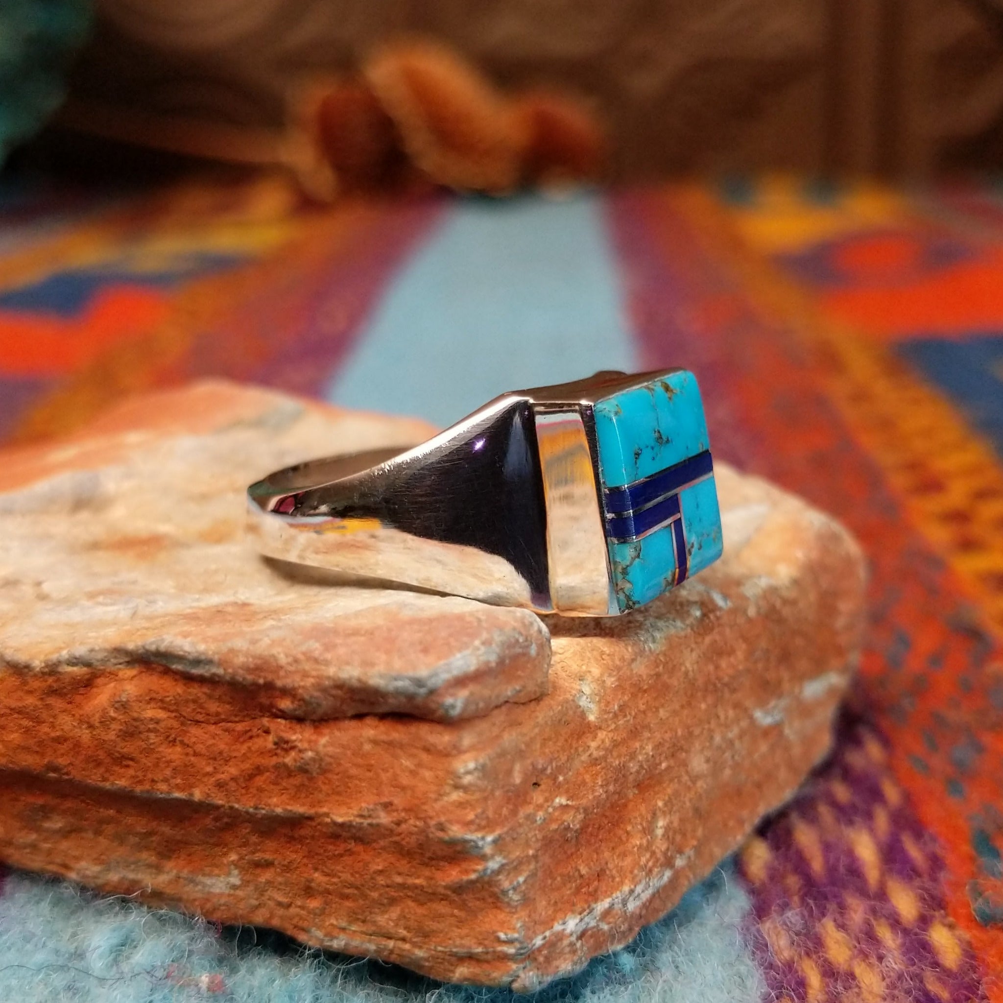 Turquoise & Lapis Inlay Ring by Wilbert Grey with geometric inlay and polished silver band.