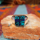 Turquoise & Lapis Square Inlay Ring by Wilbert Grey with geometric lapis lines and polished silver band.
