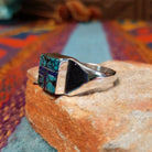 Turquoise & Lapis Square Inlay Ring by Wilbert Grey with geometric lapis lines and polished silver band.
