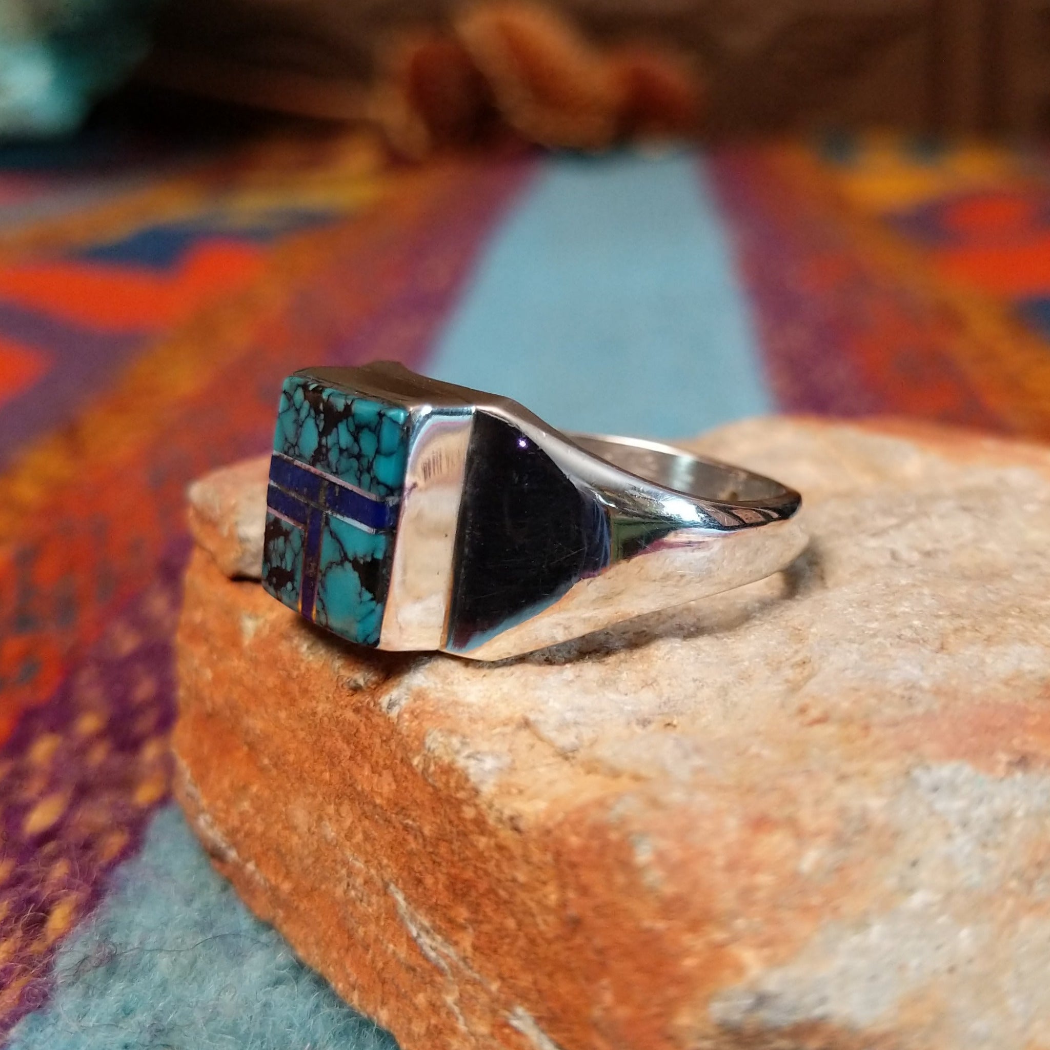 Turquoise & Lapis Square Inlay Ring by Wilbert Grey with geometric lapis lines and polished silver band.