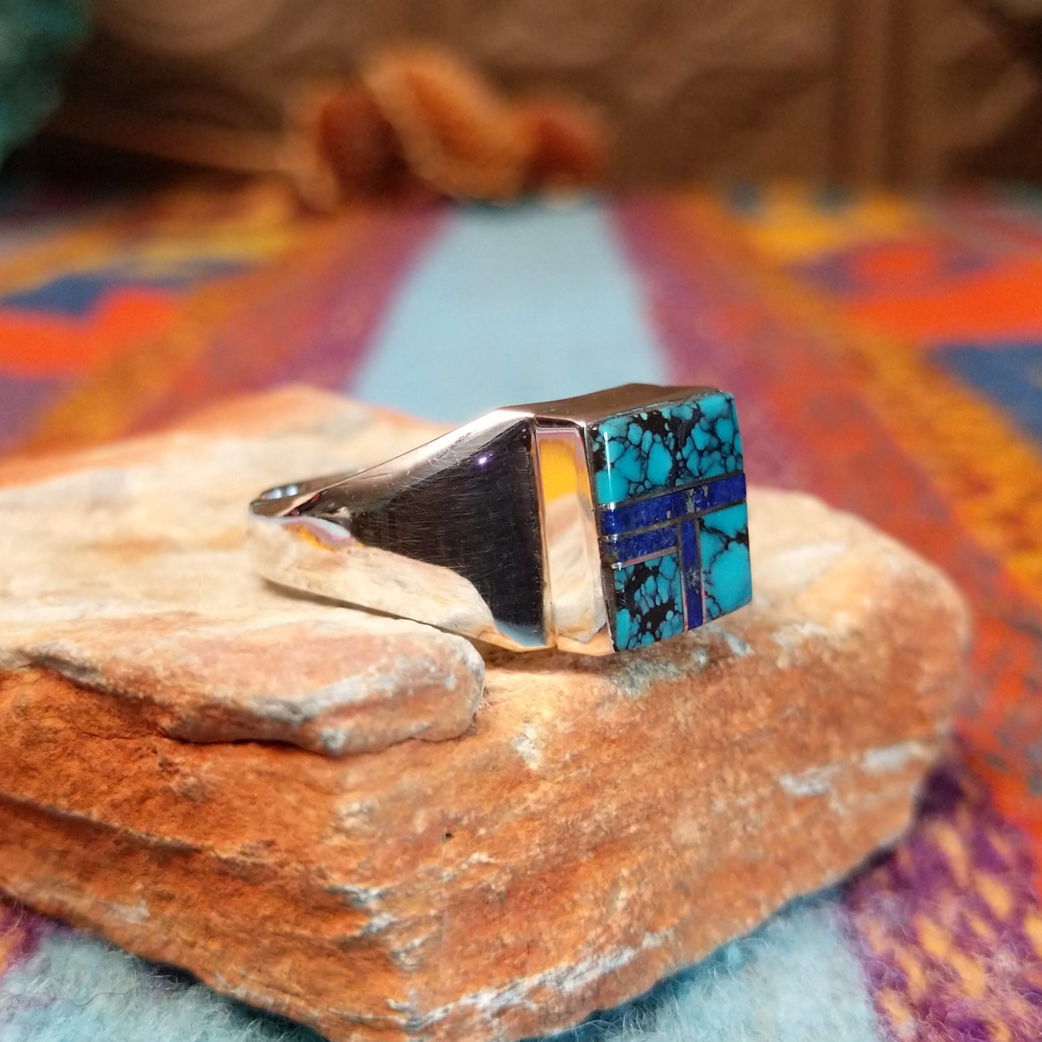 Turquoise & Lapis Square Inlay Ring by Wilbert Grey with geometric lapis lines and polished silver band.