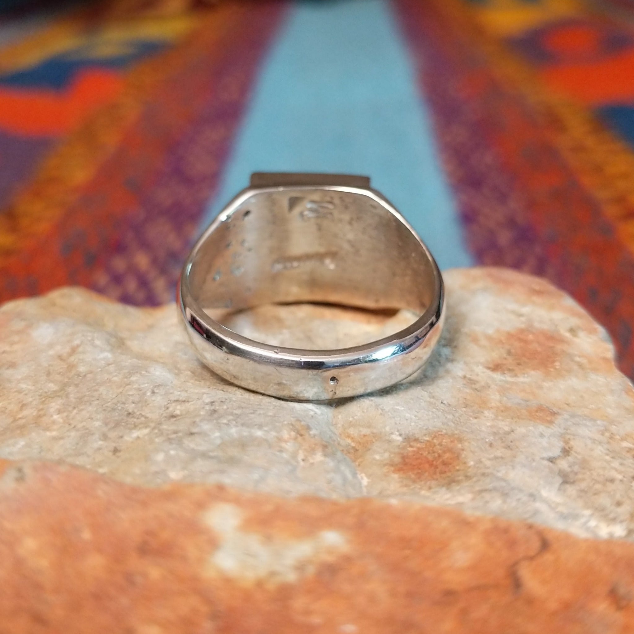 Turquoise & Lapis Square Inlay Ring by Wilbert Grey with geometric lapis lines and polished silver band.