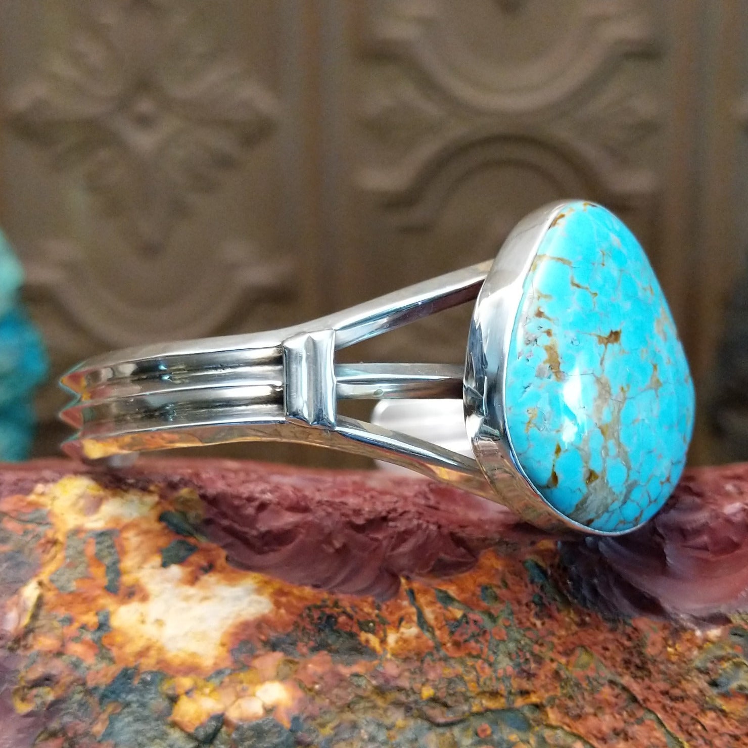 Sterling silver cuff features Turquoise Mountain turquoise set in a large bezel.