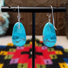 Turquoise Slab Earrings by Ronald Chavez featuring elongated freeform blue turquoise stones with natural tan, brown, and dark matrix, suspended from silver-tone hooks; backside view.