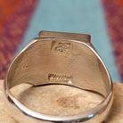 Turquoise Square Inlay Ring by Wilbert Grey featuring geometric turquoise inlay with natural matrix, separated by Sterling Silver channels and set on a polished tapered silver band; artisan and Sterling Silver stamp.