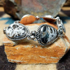White Buffalo link bracelet by Terry Wood with natural black-and-white stones set in sterling silver.