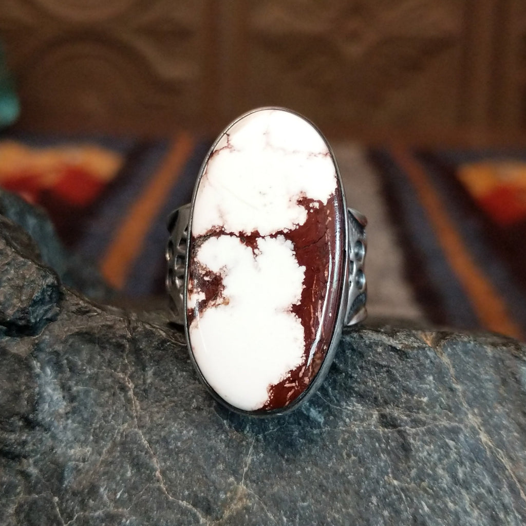 Wild horse ring with brown and white matrix set in a smooth bezel.