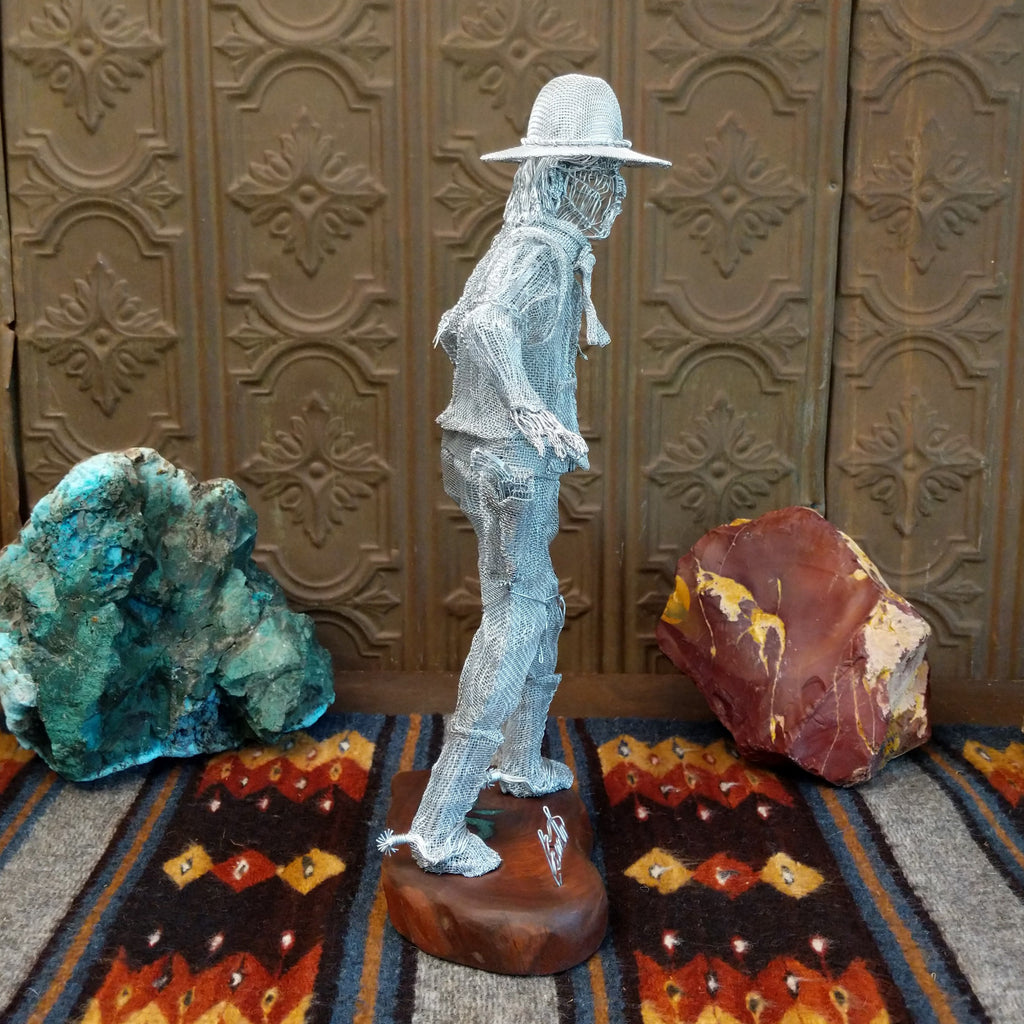 Wyatt Earp wire sculpture displaying the detailed wire work of the hat and body.