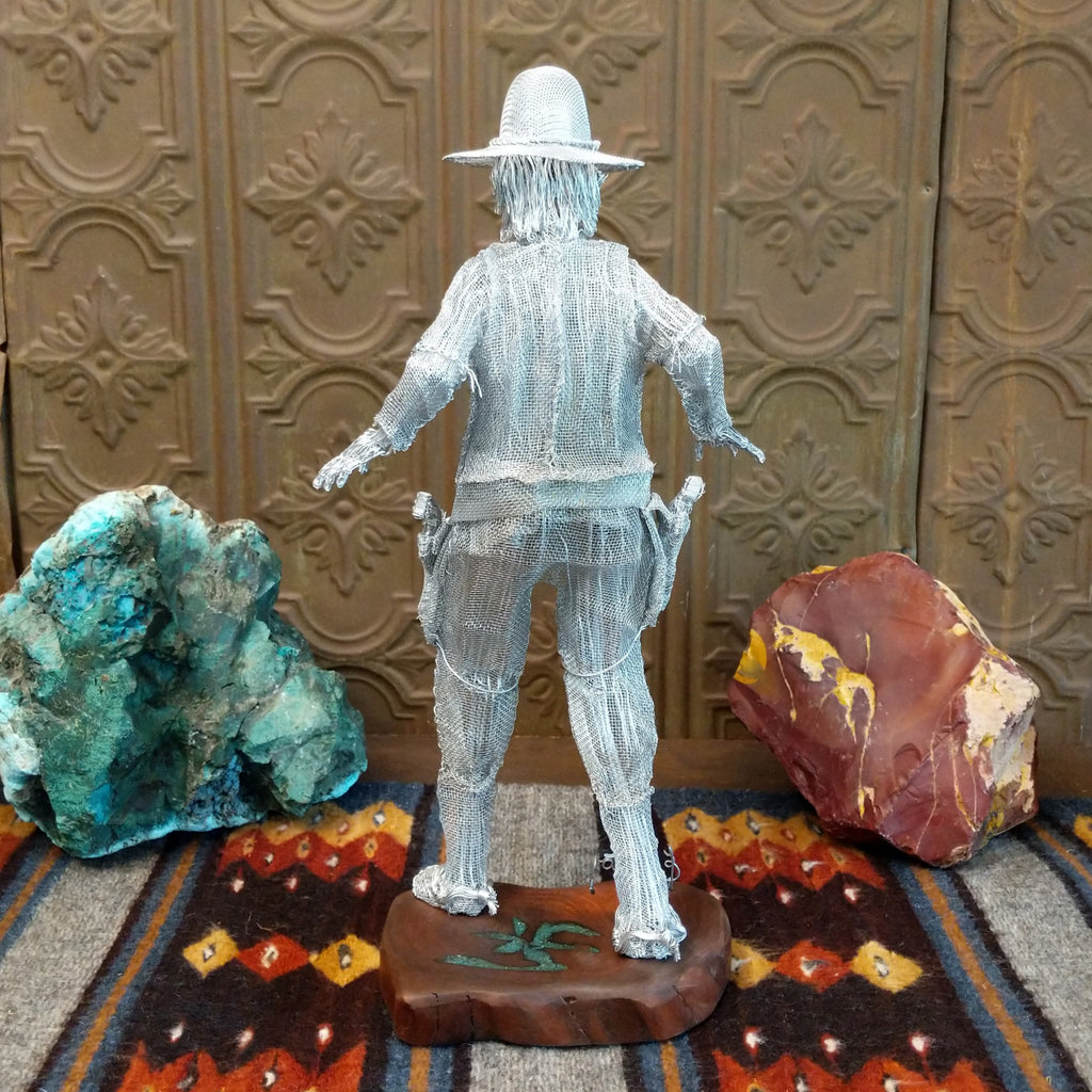 Wyatt Earp wire sculpture displaying the detailed wire work of the hat and body.
