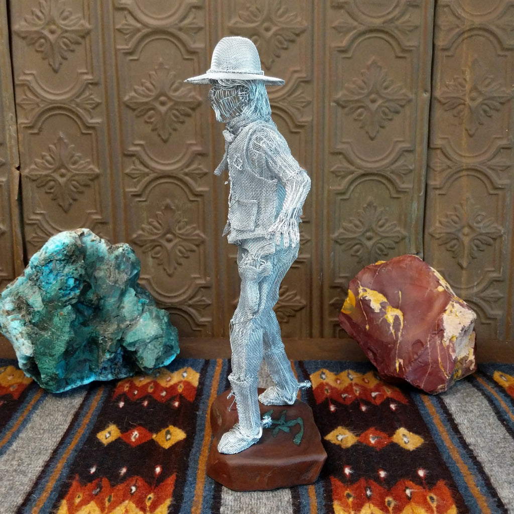 Wyatt Earp wire sculpture displaying the detailed wire work of the hat and body.