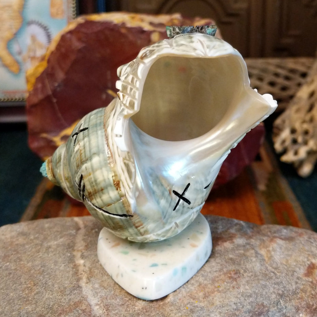 Green snail shell carved as a corn maiden along the shell with small turquoise beads.