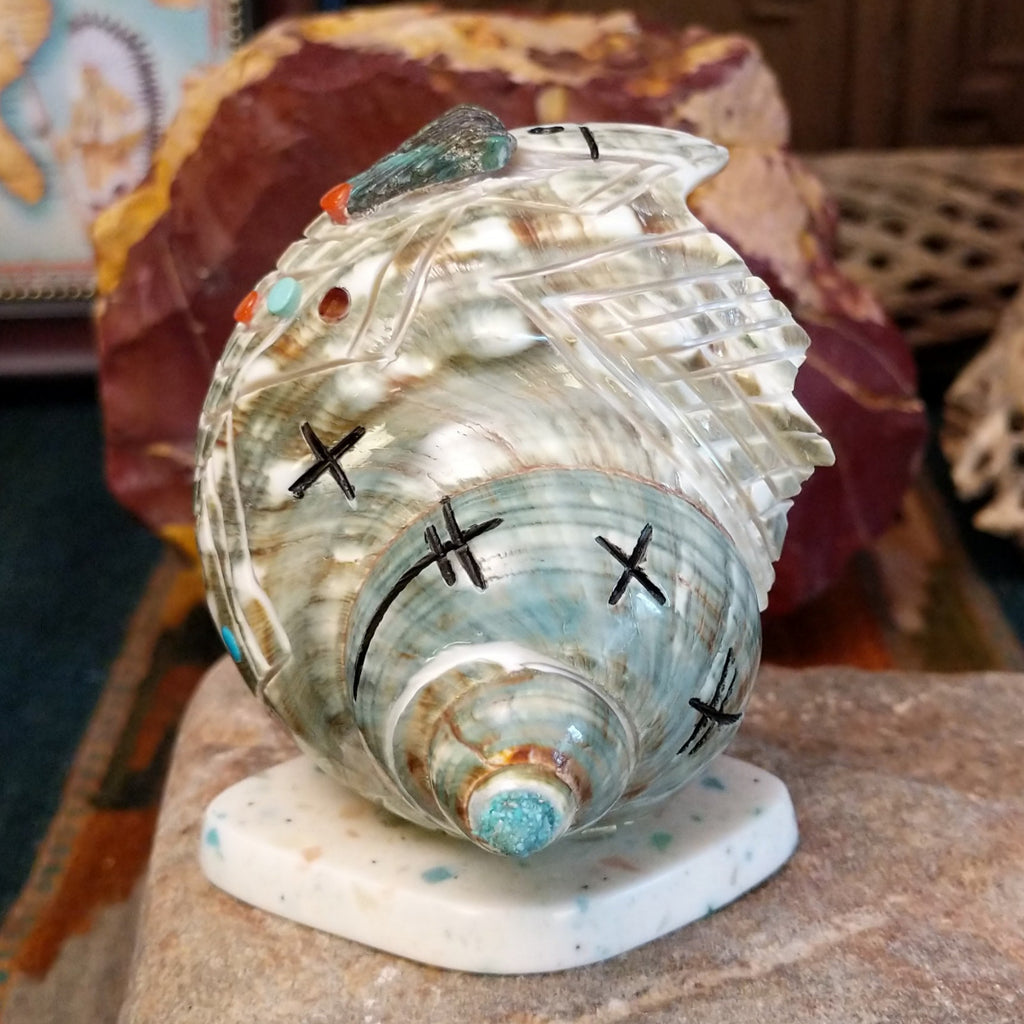 Green snail shell carved as a corn maiden along the shell with small turquoise beads.