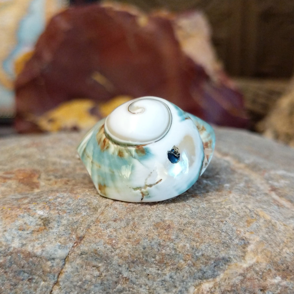 Green snail shell carved into a fish with intricate matrix along the shell.