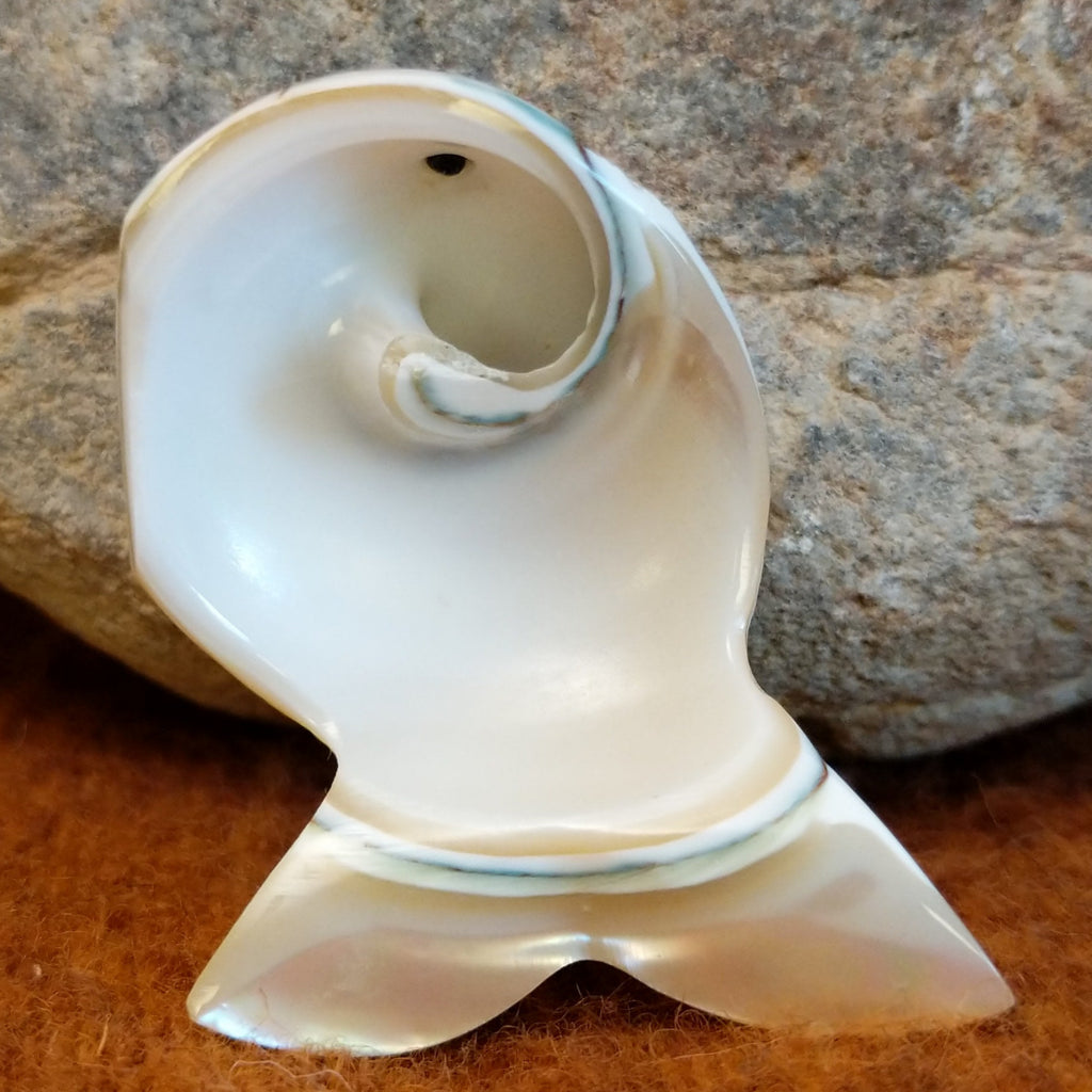The underside of the piece showcases the smooth shell texture.