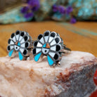 Sterling silver Zuni cuff links with sunface-inspired multistone inlay design.