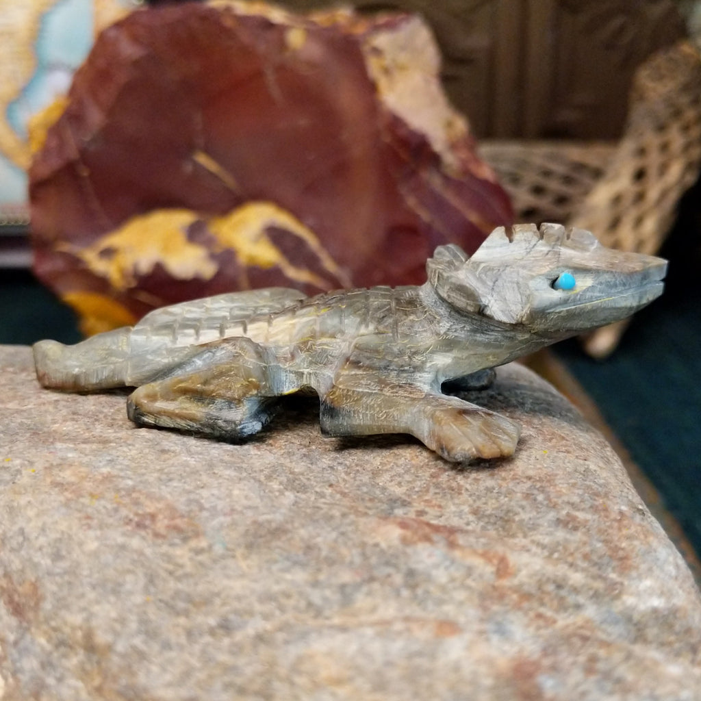 Horned toad fetish carved from picasso marble with intricately etched incisions and details.