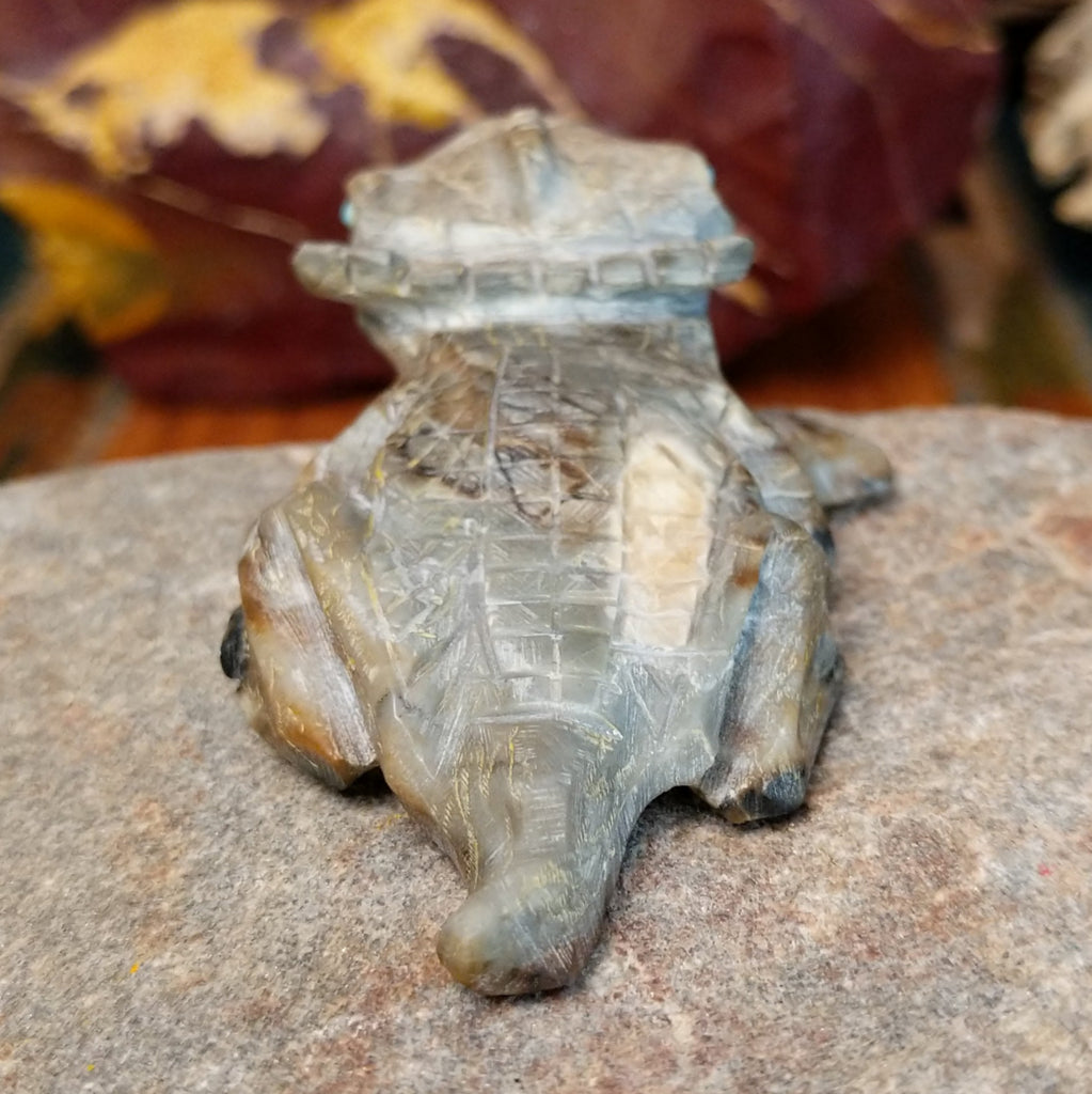 Horned toad fetish carved from picasso marble with intricately etched incisions and details.