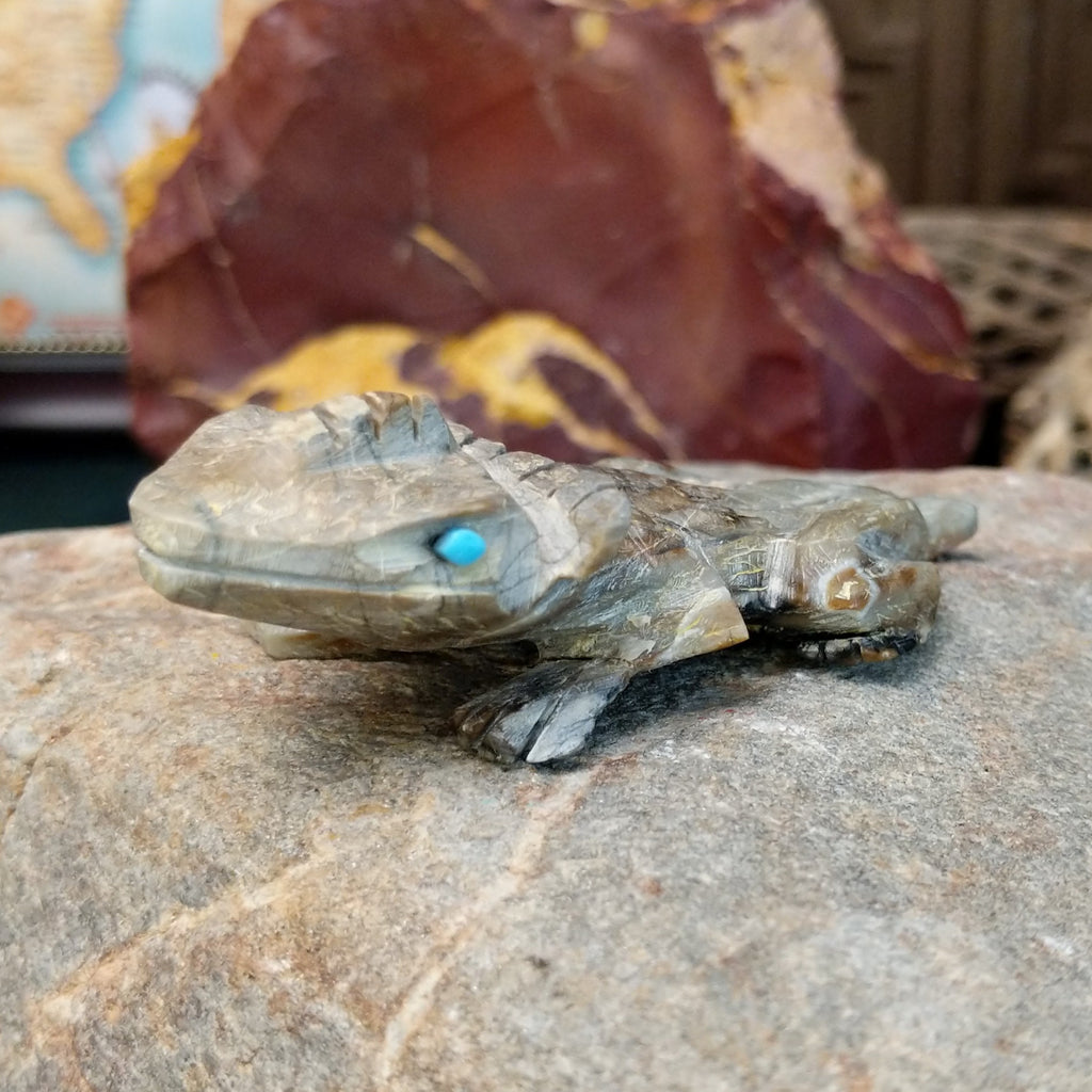 Horned toad fetish carved from picasso marble with intricately etched incisions and details.