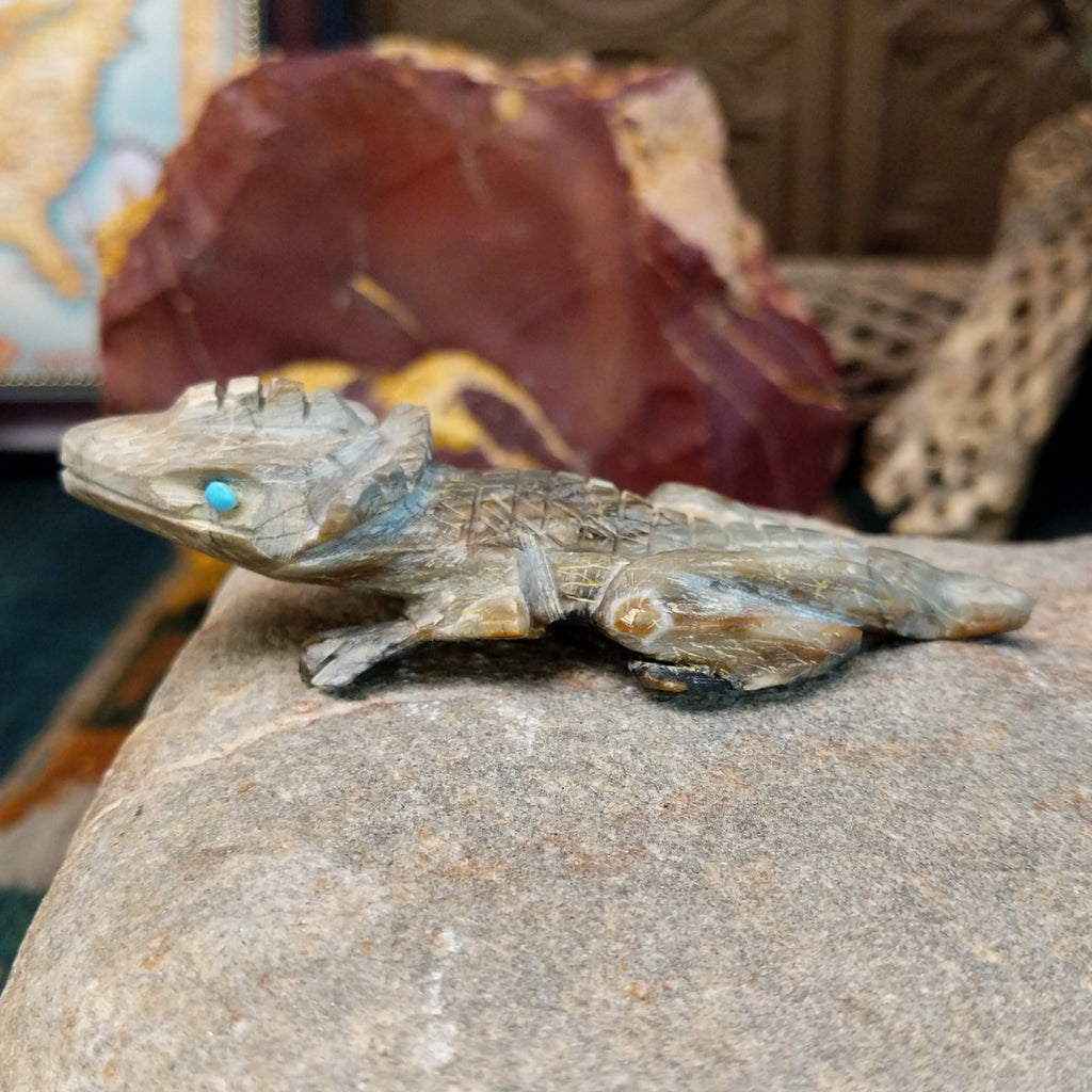 Horned toad fetish carved from picasso marble with intricately etched incisions and details.