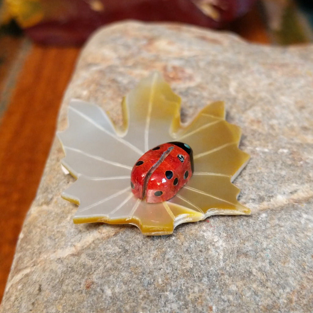 Apple coral ladybug carving with black onyx on a mother of pearl carved leaf.