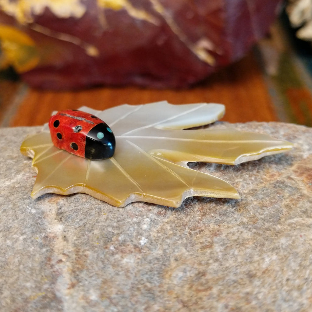 Apple coral ladybug carving with black onyx on a mother of pearl carved leaf.