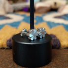 Handcrafted Zuni sterling silver flower earrings by Aaron Lasiloo featuring iridescent mother of pearl inlay in a delicate floral design with polished silver detailing; side view.