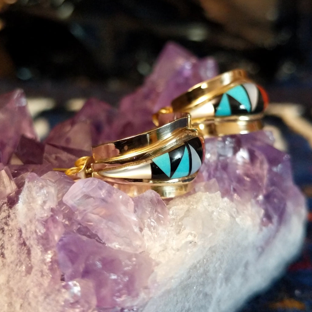 Zuni hoop earrings with multi-stone inlay in gold.