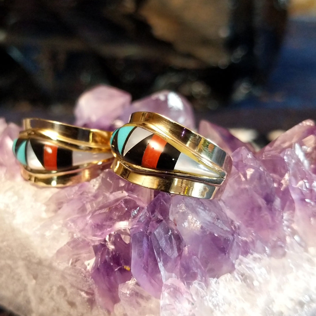 Zuni hoop earrings with multi-stone inlay in gold.