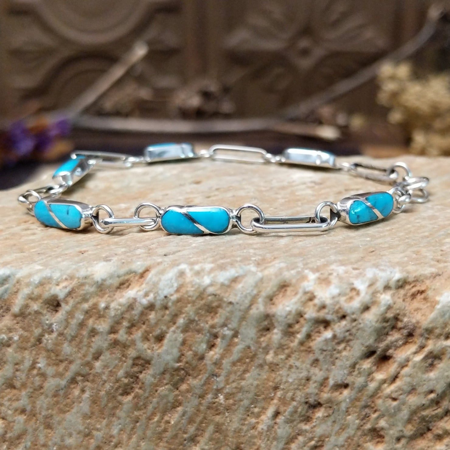 Sterling Silver link bracelet with turquoise stones 
