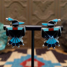 Sterling silver thunderbird earrings with multistone inlay.
