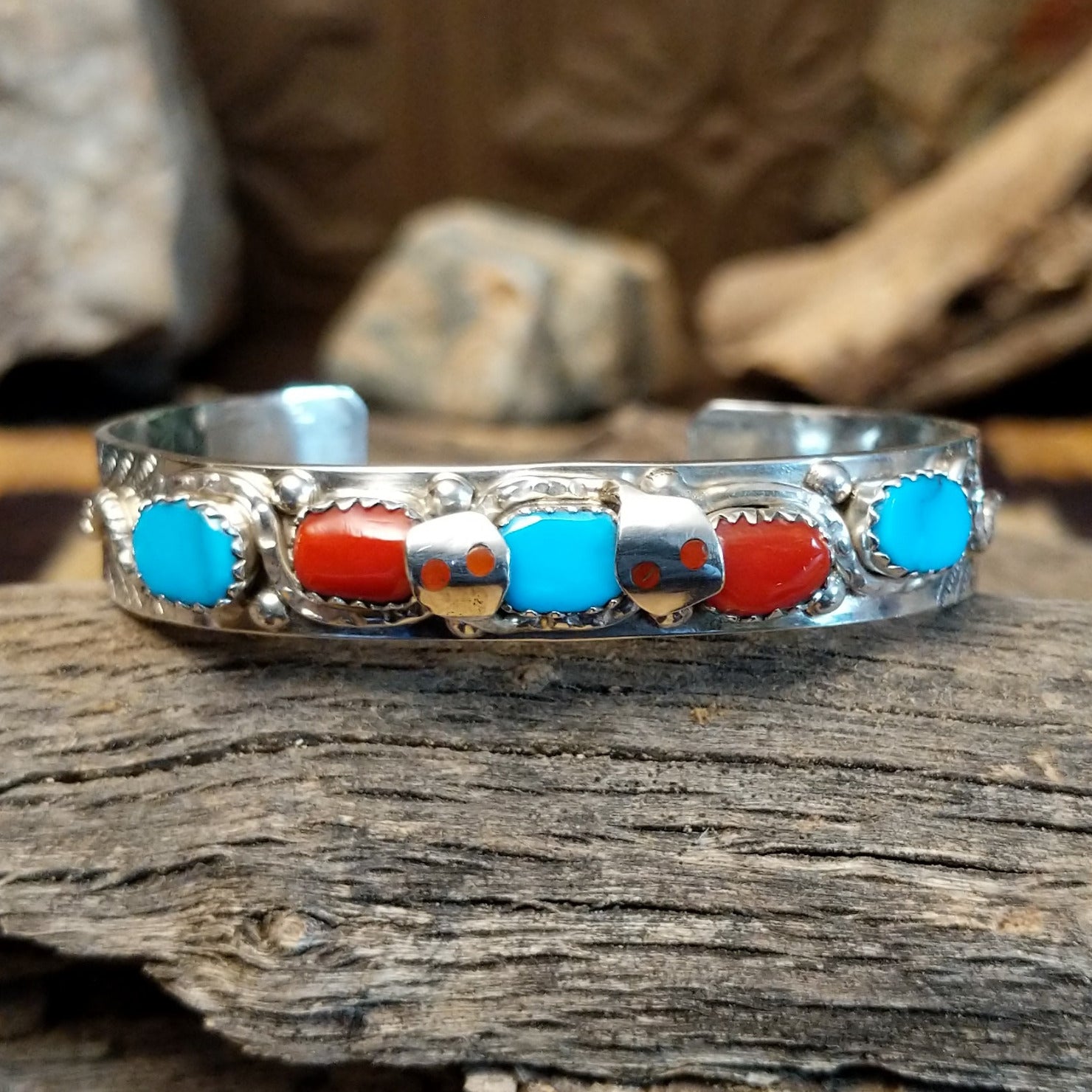 Zuni Turquoise & Coral Snake Cuff by Effie Calavaza GJ-BRC-0226