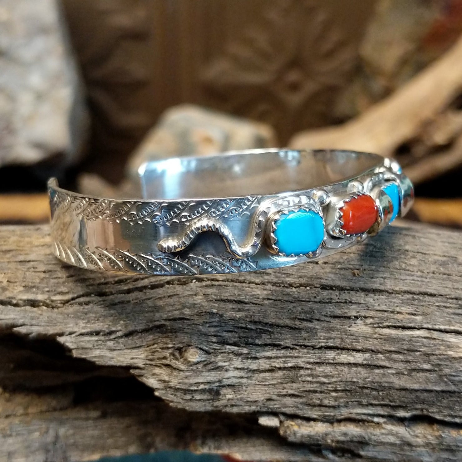 Zuni Turquoise & Coral Snake Cuff by Effie Calavaza GJ-BRC-0226