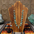 Turquoise fetish heishi necklace and earrings set features a necklace with various turquoise fetish carvings and heishi beads with a sterling silver clasp, paired with matching bird fetish earrings on silver hooks.