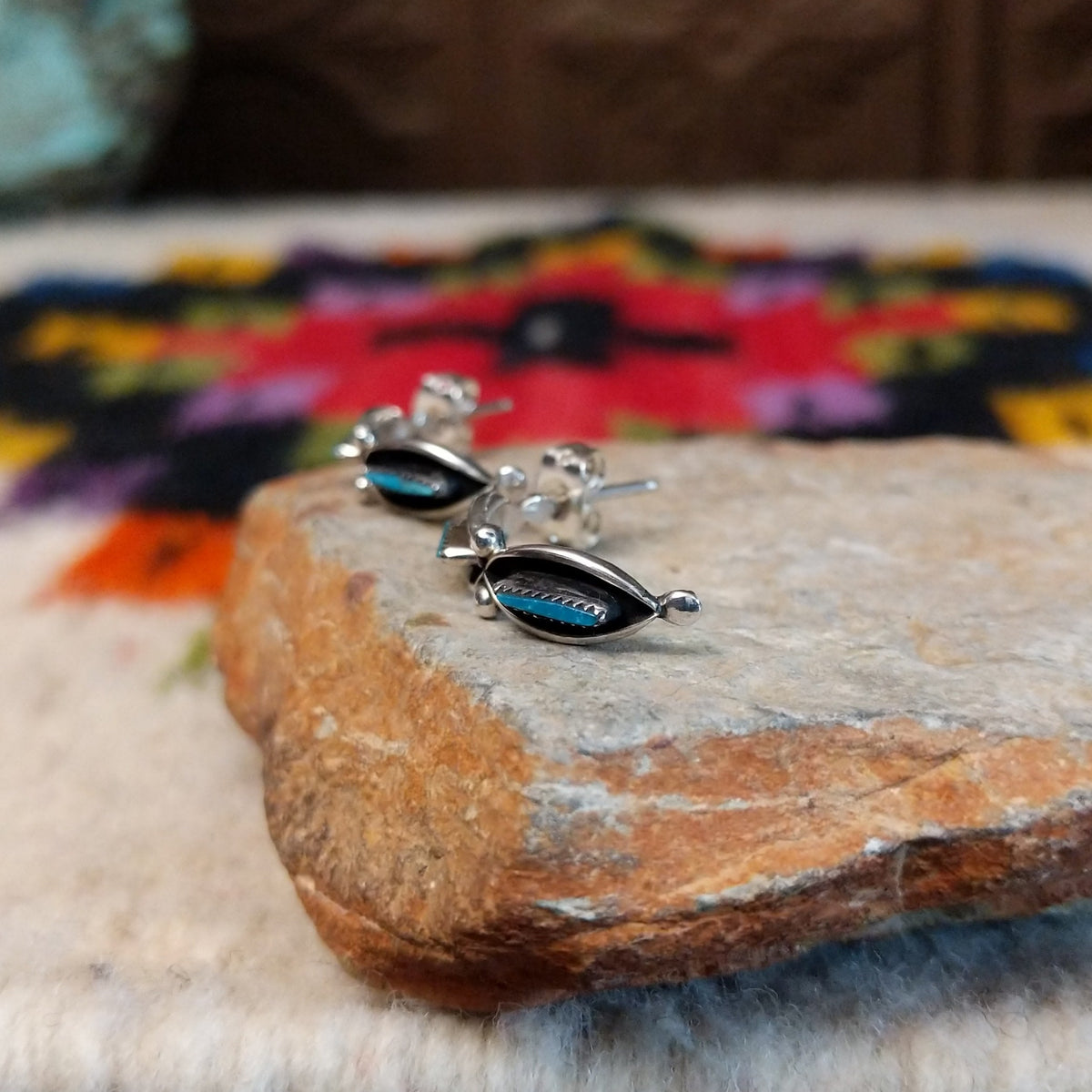 Zuni turquoise needlepoint hoop earrings by Fernando Othole.