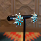 Matching sterling silver earrings with turquoise set in notched bezels.