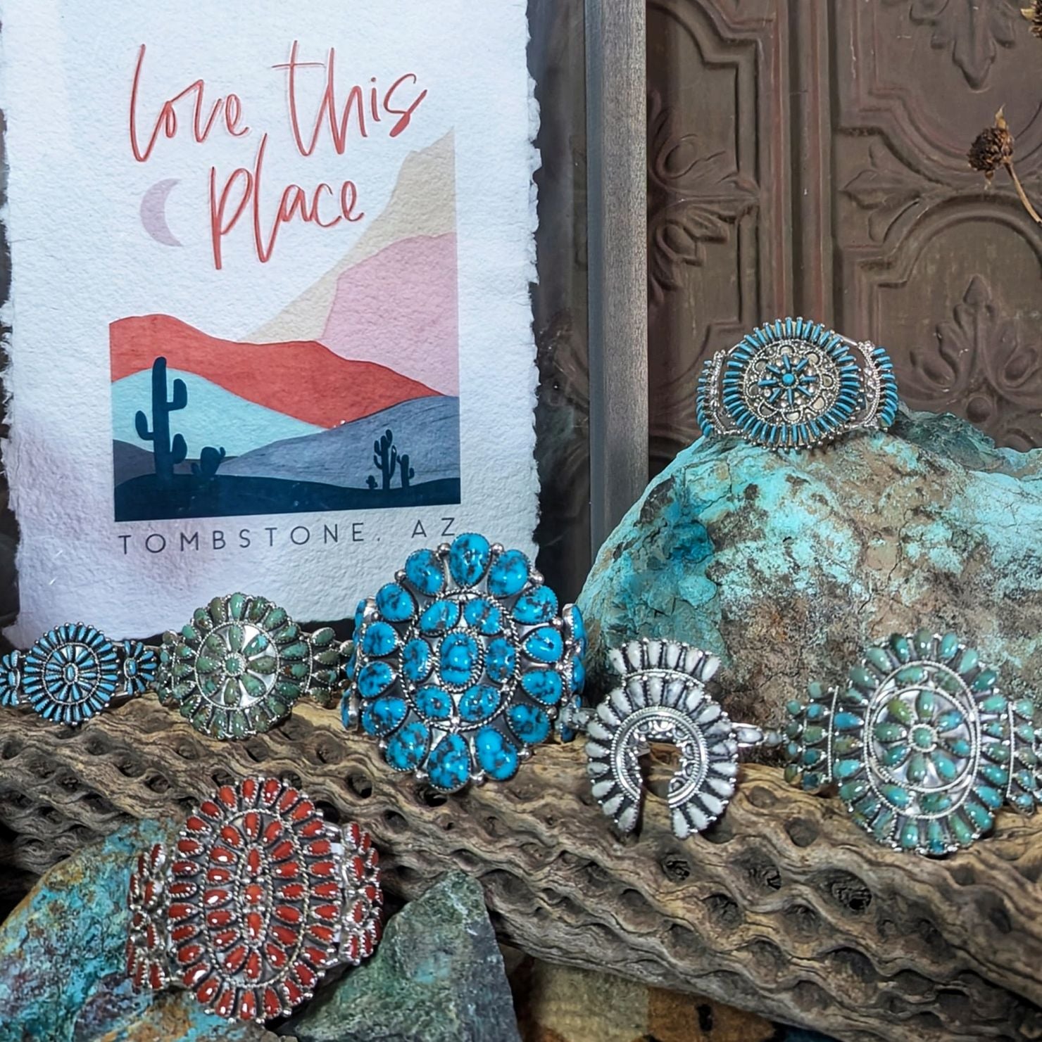 A selection of Native American made cuff bracelets made with a variety of Turquoise, Coral and White Buffalo.