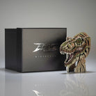 T-rex head sculpture in front of a black box with 'Edge Sculpture' branding.