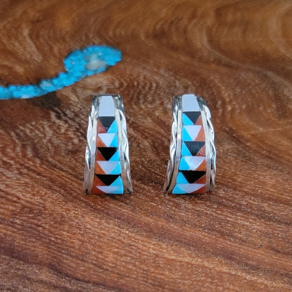 Zuni Made Multi-Stone Inlay Half Hoop Earrings