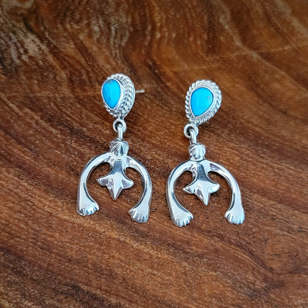 Navajo Made Naja Dangle Earrings w/ Turquoise & Silver Front View