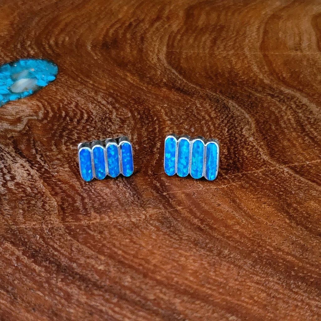 Zuni Made Cultured Blue Opal Stud Earrings Front View