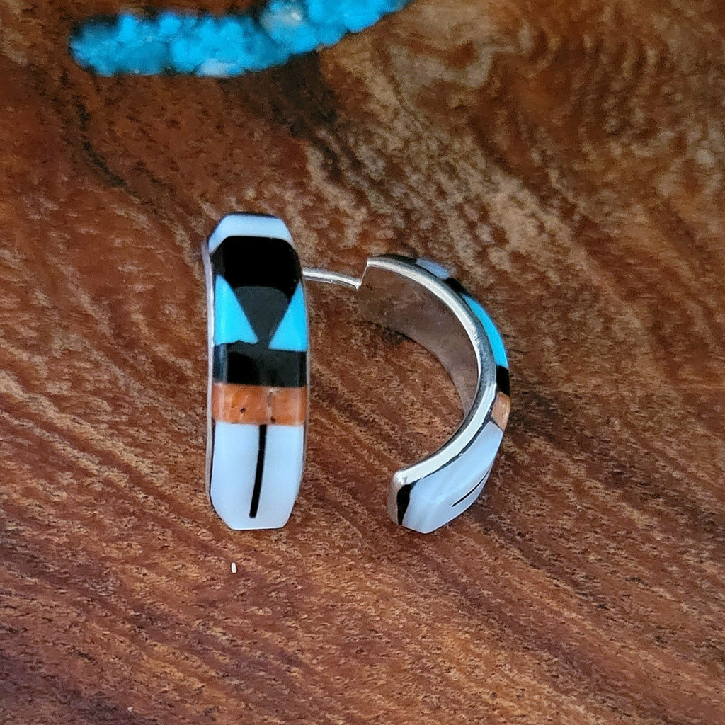 Zuni Traditional Handcrafted Inlay Half Hoop Earrings Back View