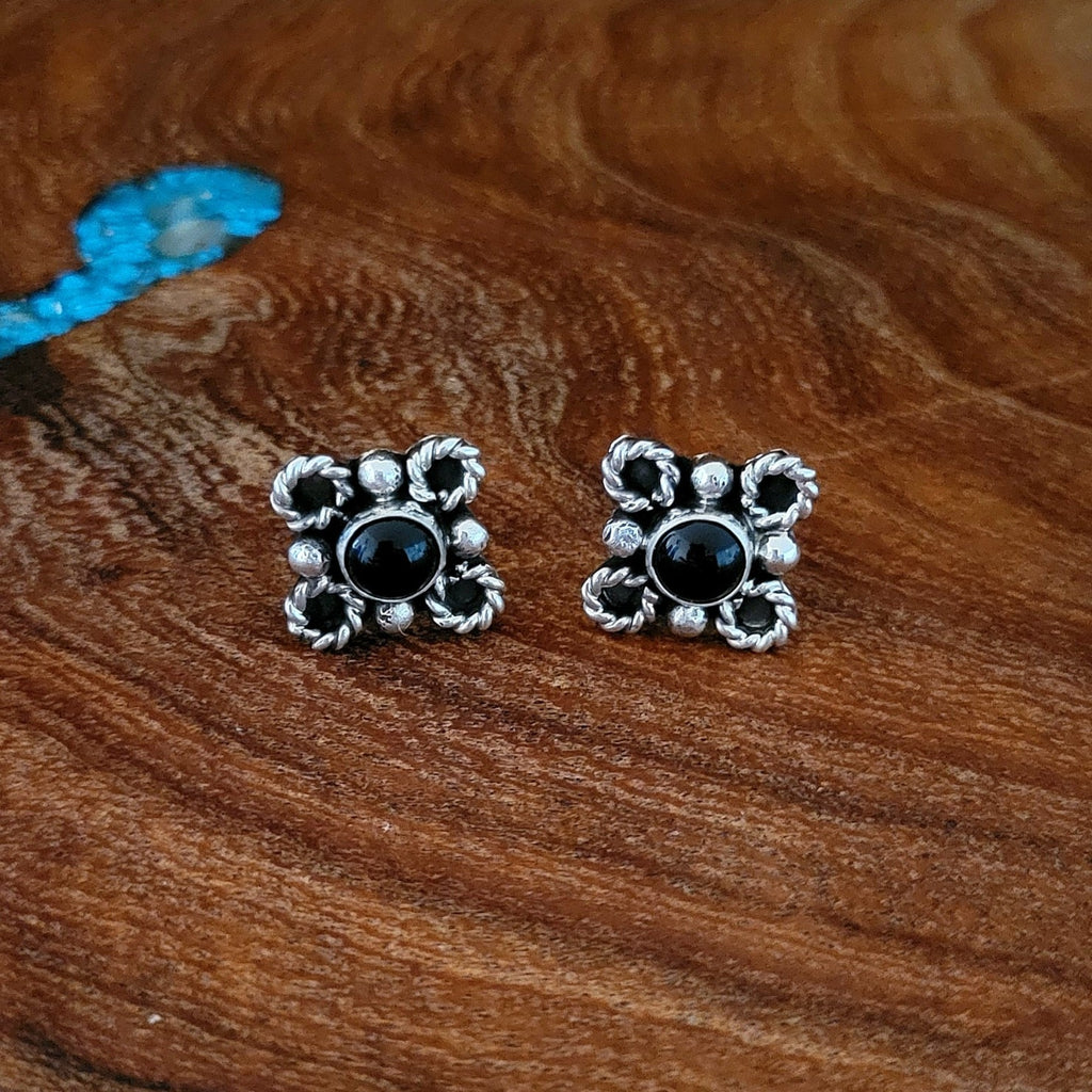 Black Onyx and Sterling Silver Earrings Front View