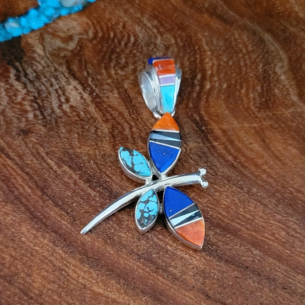 navajo made inlay dragonfly sterling silver pendant front view