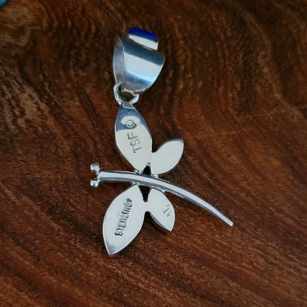 navajo made inlay dragonfly sterling silver pendant back view